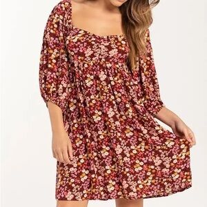 NWT Billabong Floral Print Dress with Smocking, Flowy Sleeves and Skirt, Sz. S